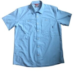 Simms SS Outdoors Fishing Shirt M Lt. Blue Pockets Hiking Camping Button Up